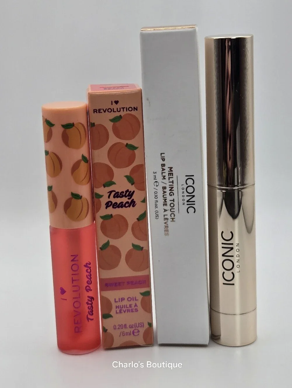 Iconic London Balm Undone & I Heart Revolution Peach Lip Oil Duo NIB